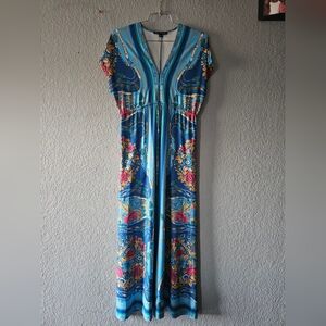 Boston Proper Blue Floral V-Neck Maxi Dress with Pink and Yellow Accents Size M